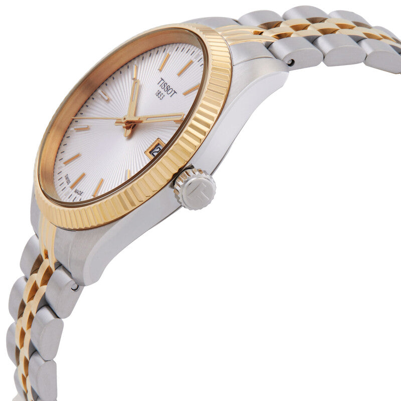Tissot Ballade women's watch displayed at angle showing yellow gold bezel and mixed metal bracelet