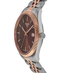 Side angle view of Tissot Ballade with rose gold PVD bezel and two-tone bracelet