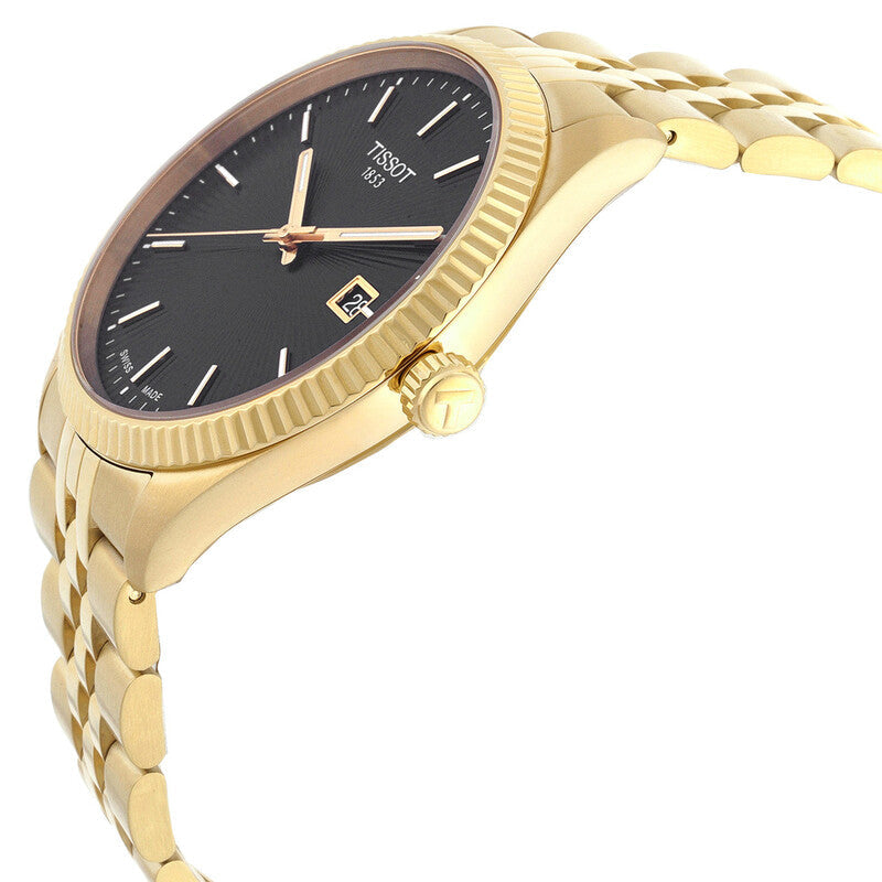 Side angle view of Tissot Ballade watch showing fluted bezel, black dial and gold bracelet