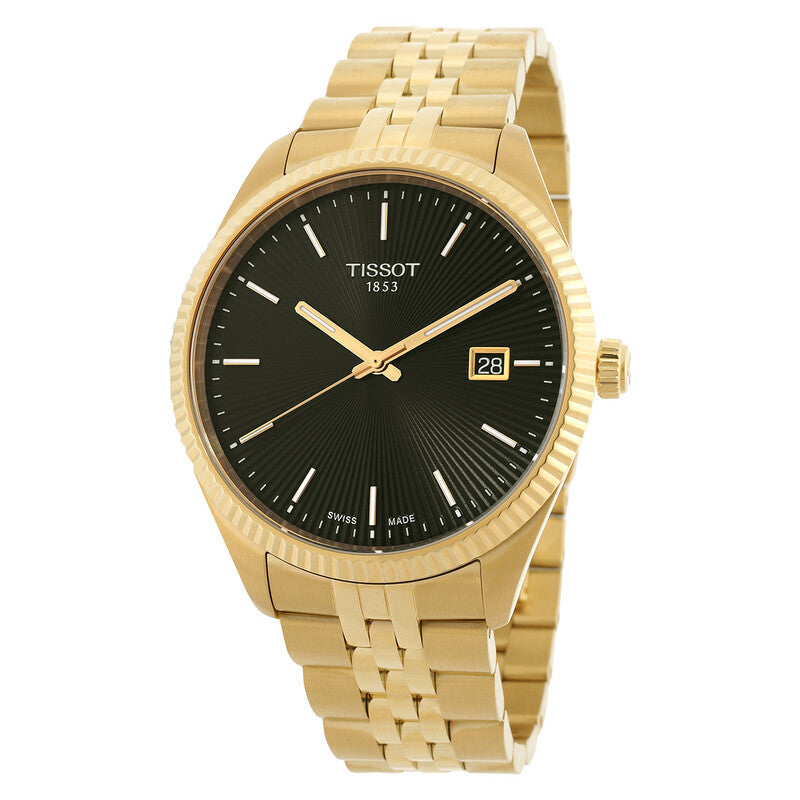 Tissot Ballade quartz men's watch with black dial, gold plated steel case and bracelet