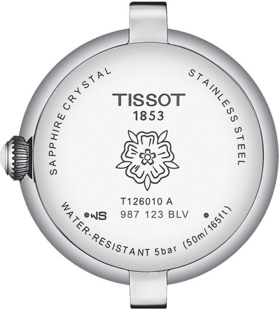 Tissot Bellissima caseback with sapphire crystal, stainless steel, and 5bar water resistance