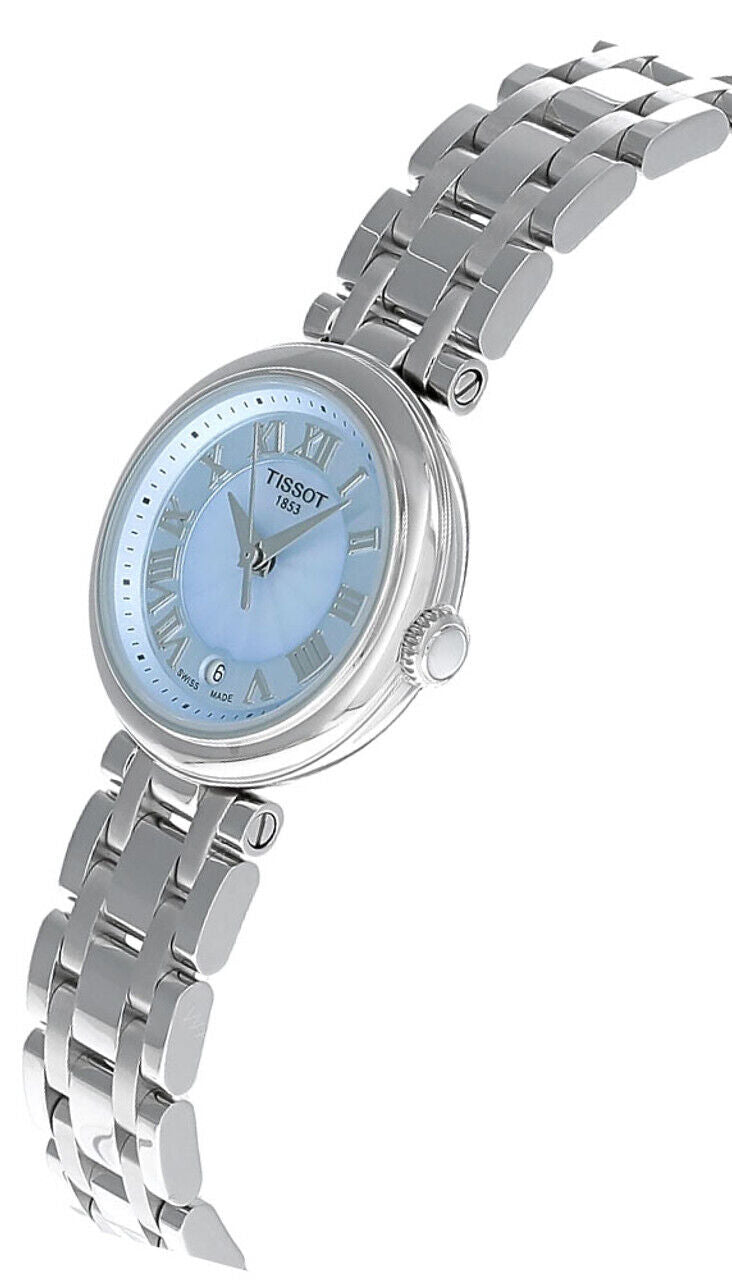 Tissot Bellissima Small Lady watch on wrist showing silver steel strap and bracelet