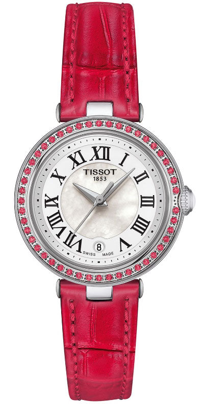 Tissot Bellissima Small Lady Diamonds MOP Dial Red Leather Strap Women's Watch - T126.010.66.113.00