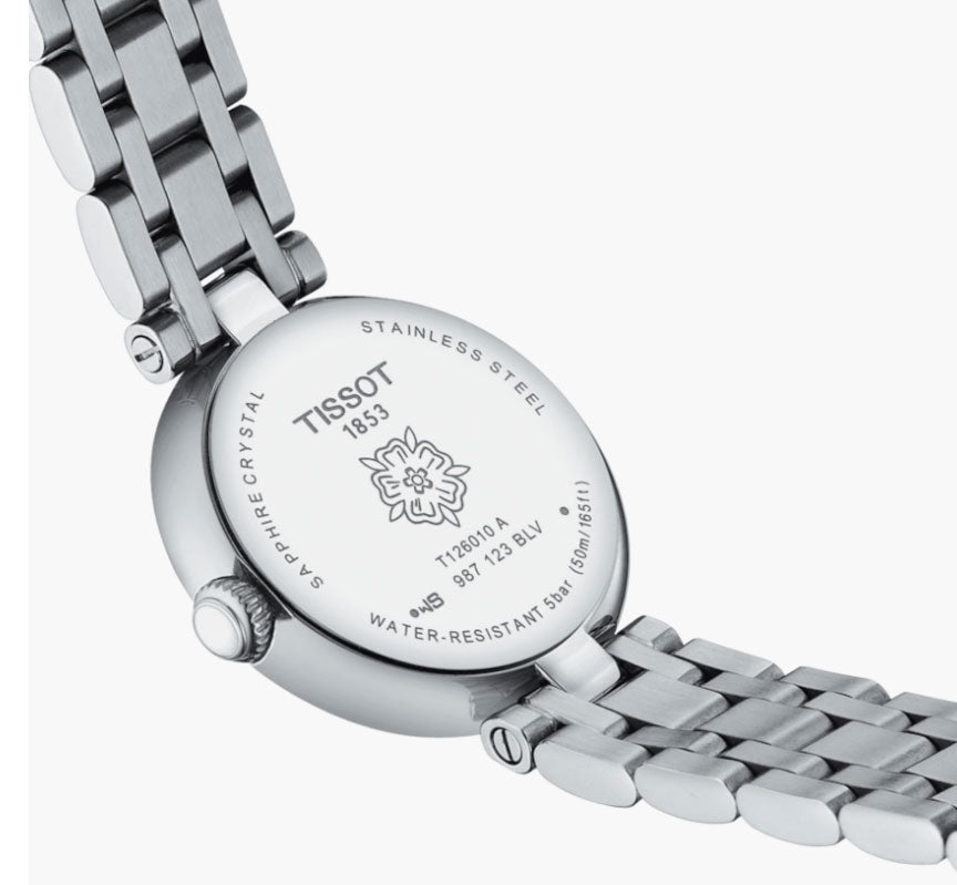 Tissot Bellissima Small Lady caseback showing movement specifications and water resistance