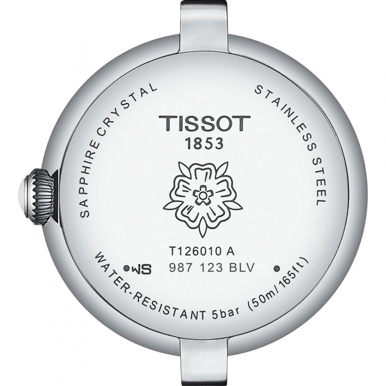 Caseback engraved with Tissot branding, sapphire crystal, stainless steel, water resistant 50m specification