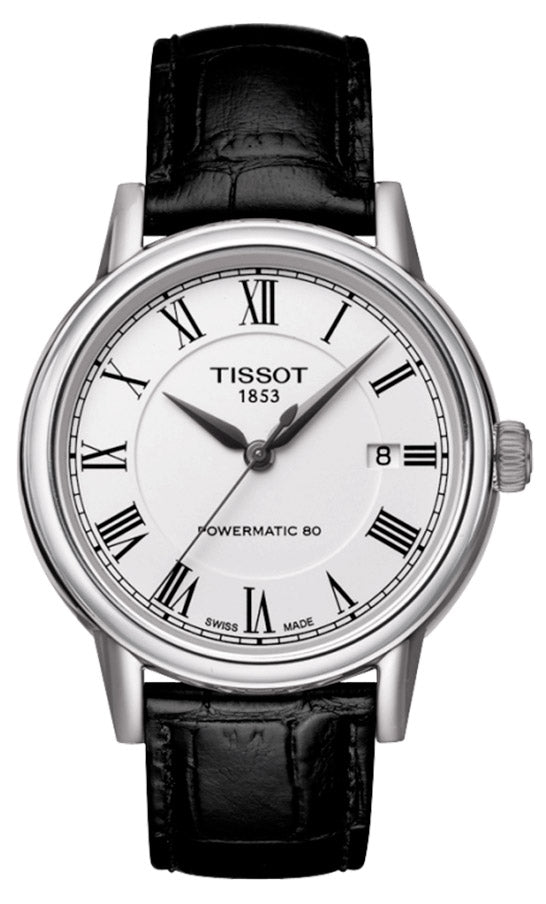 Tissot Carson Powermatic 80 men's watch with white dial and black leather strap