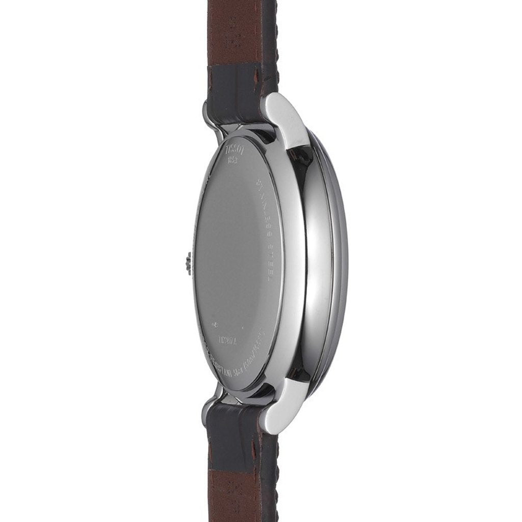 Tissot Carson Premium watch on wrist showing case thickness and strap