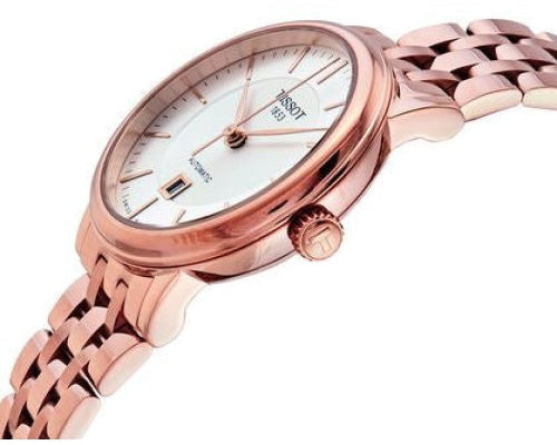 Tissot Carson Premium rose gold watch angled view showing case profile and bracelet