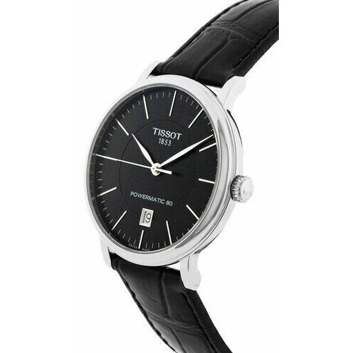 Tissot Carson Automatic watch shown at angle with black dial and crocodile leather strap