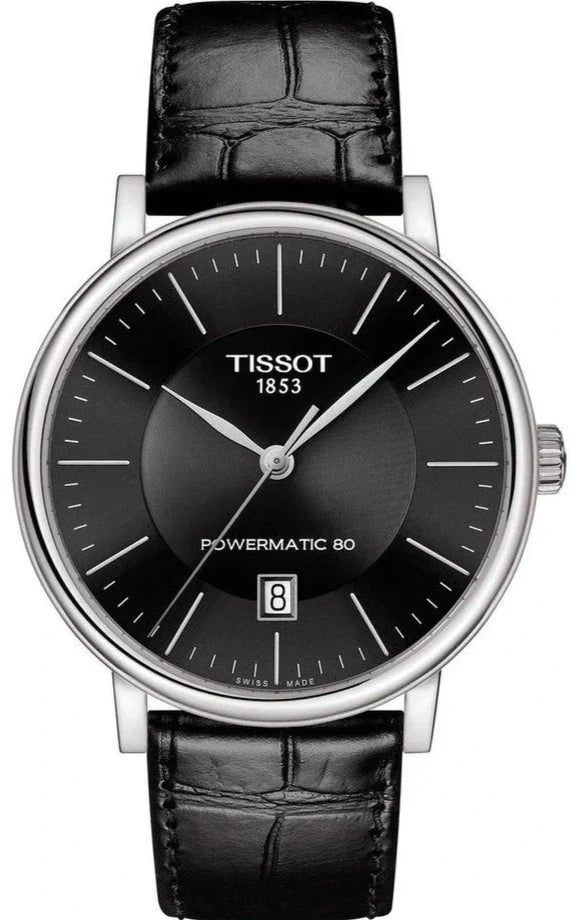 Tissot Carson Automatic watch with black dial, silver case and black leather strap