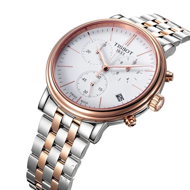 Tissot Carson Premium Chronograph angled view showing white dial and two-tone bracelet