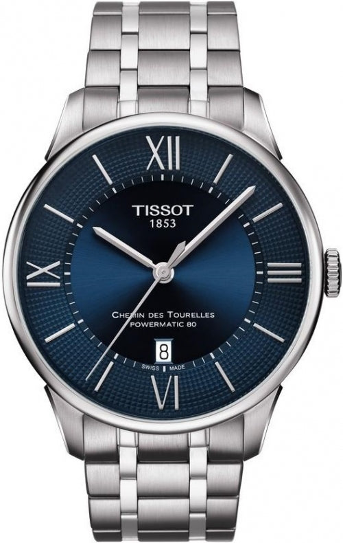 Tissot Chemin Des Tourelles stainless steel watch with blue dial and Roman numeral markers