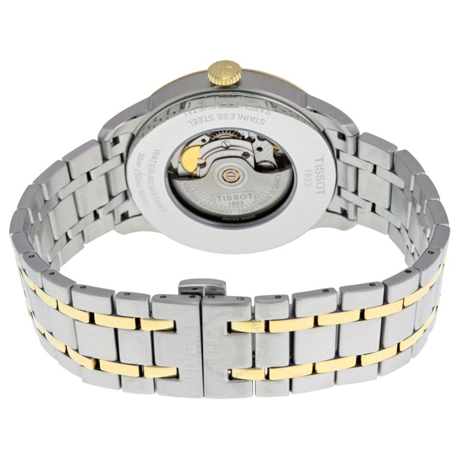 Tissot Chemin Des Tourelles caseback showing Powermatic 80 automatic movement and two-tone bracelet
