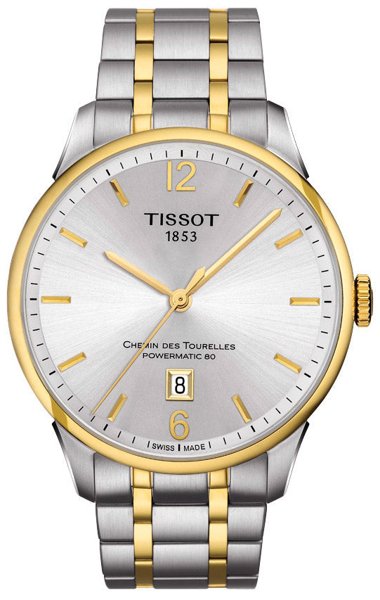 Tissot Chemin Des Tourelles two-tone men's watch with white dial and gold hour markers