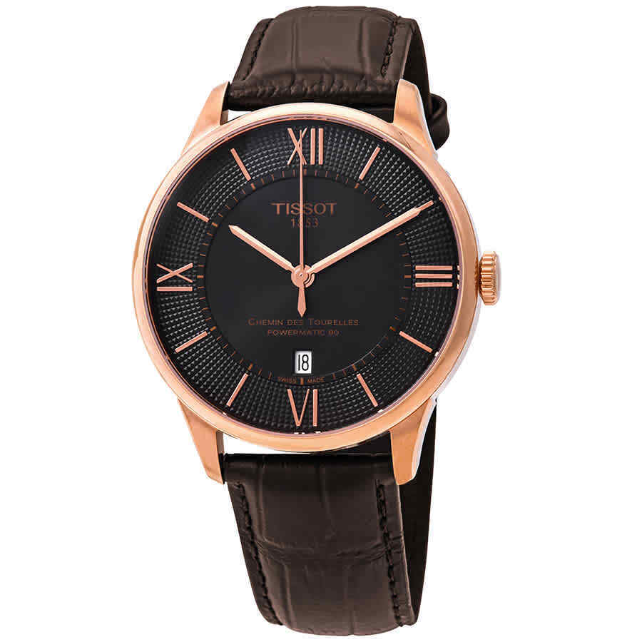 Tissot Chemin des Tourelles watch angled view showing dial and strap
