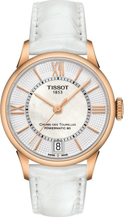 Tissot Chemin Des Tourelles Powermatic 80 Rose Gold Tone MOP Leather Strap Women's Watch - T099.207.36.118.00