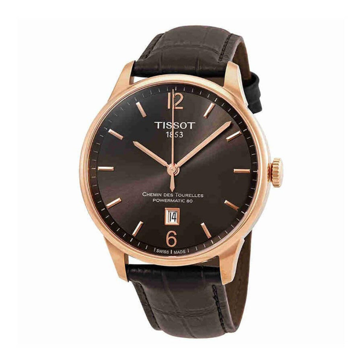 Tissot Chemin Des Tourelles women's watch with rose gold case and brown leather strap