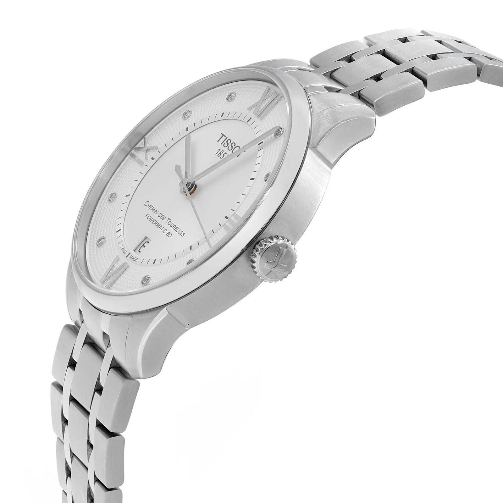Side angled view of Tissot Chemin Des Tourelles watch showing silver steel case and bracelet profile
