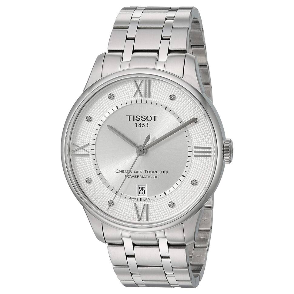 Tissot Chemin Des Tourelles men's watch with silver dial and diamond hour markers, steel case and bracelet
