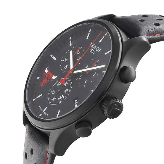 Tissot Chrono XL Chicago Bulls watch at angle showing chronograph pushers and side profile