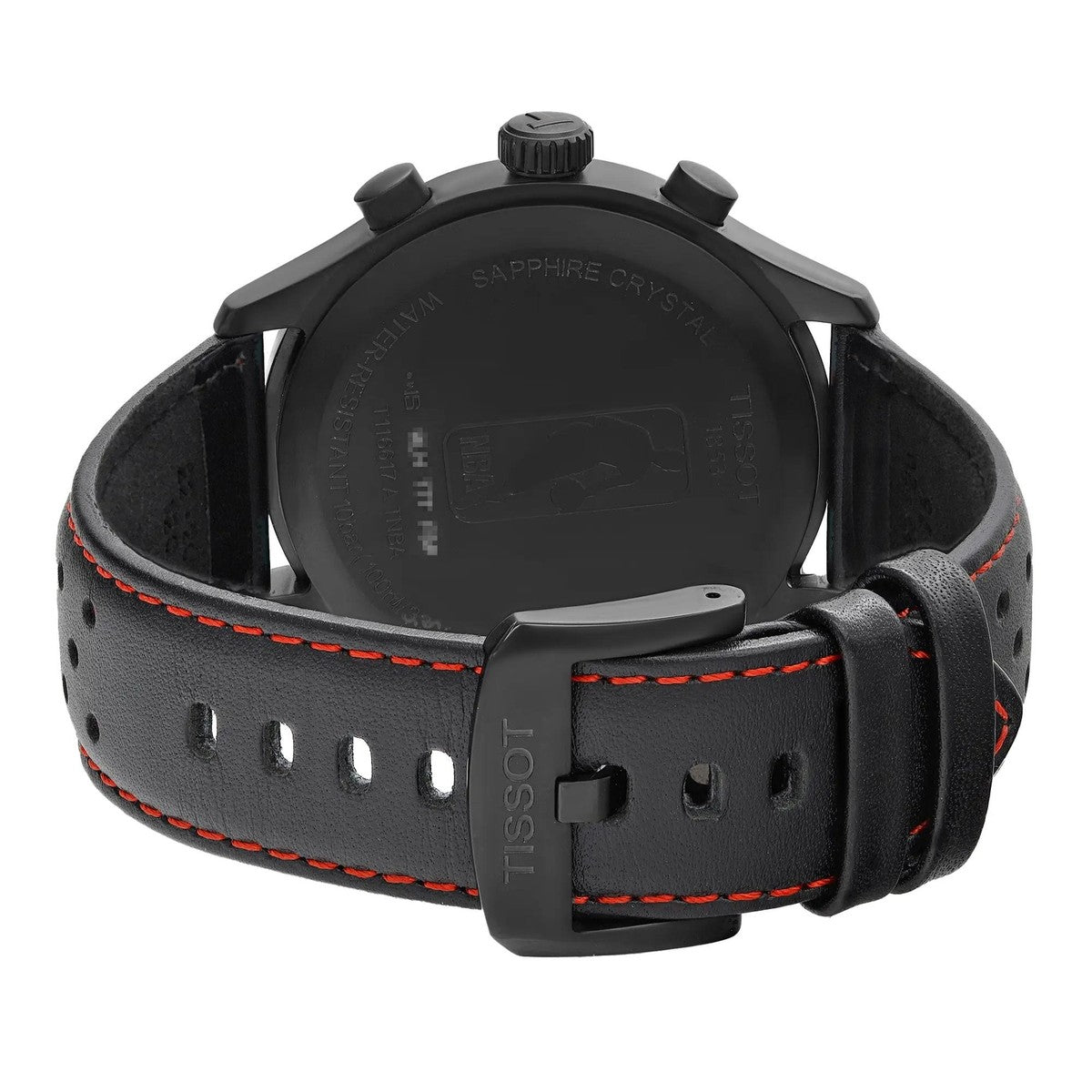 Tissot Chrono XL caseback view with sapphire crystal and black leather strap with red stitching
