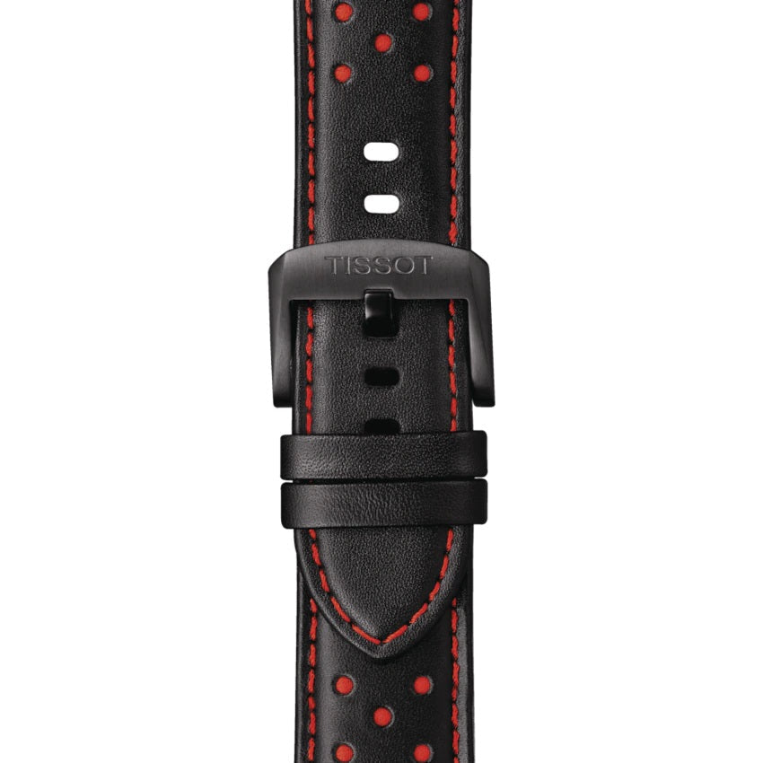 Tissot black leather watch strap with red stitching, perforated details, and red logo dots