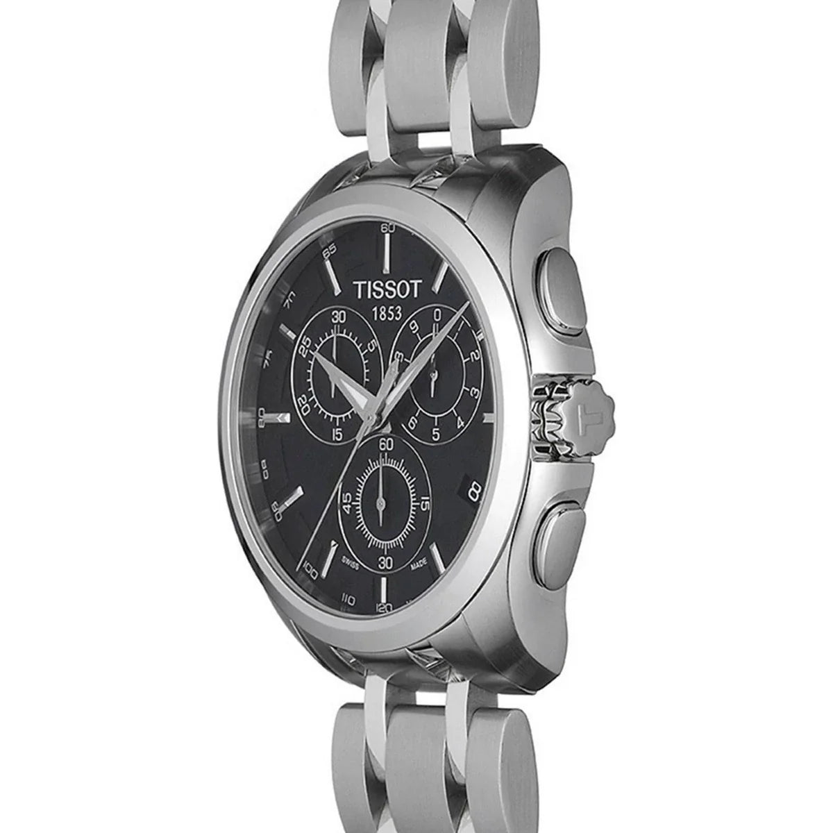 Tissot Couturier chronograph watch side angle view, showing case profile and stainless steel bracelet