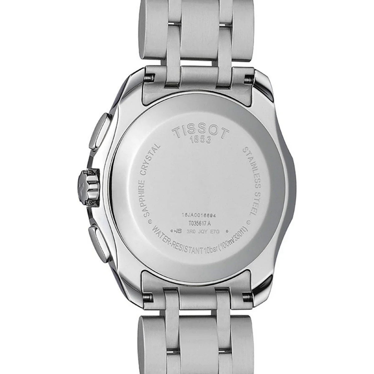 Tissot Couturier caseback showing stainless steel exhibition case back with engraved text and specification details