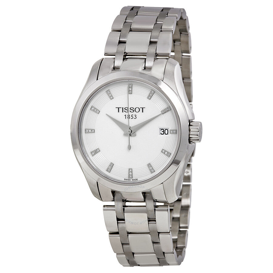 Tissot Couturier ladies watch with silver dial, diamond hour markers, and stainless steel bracelet