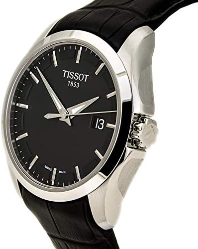 Tissot Couturier watch at angle showing black leather strap and stainless steel case profile