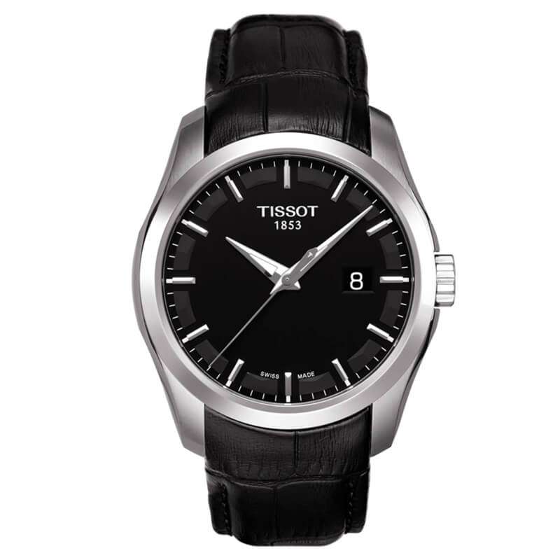 Tissot Couturier men's watch with black dial, stainless steel case, and black leather strap
