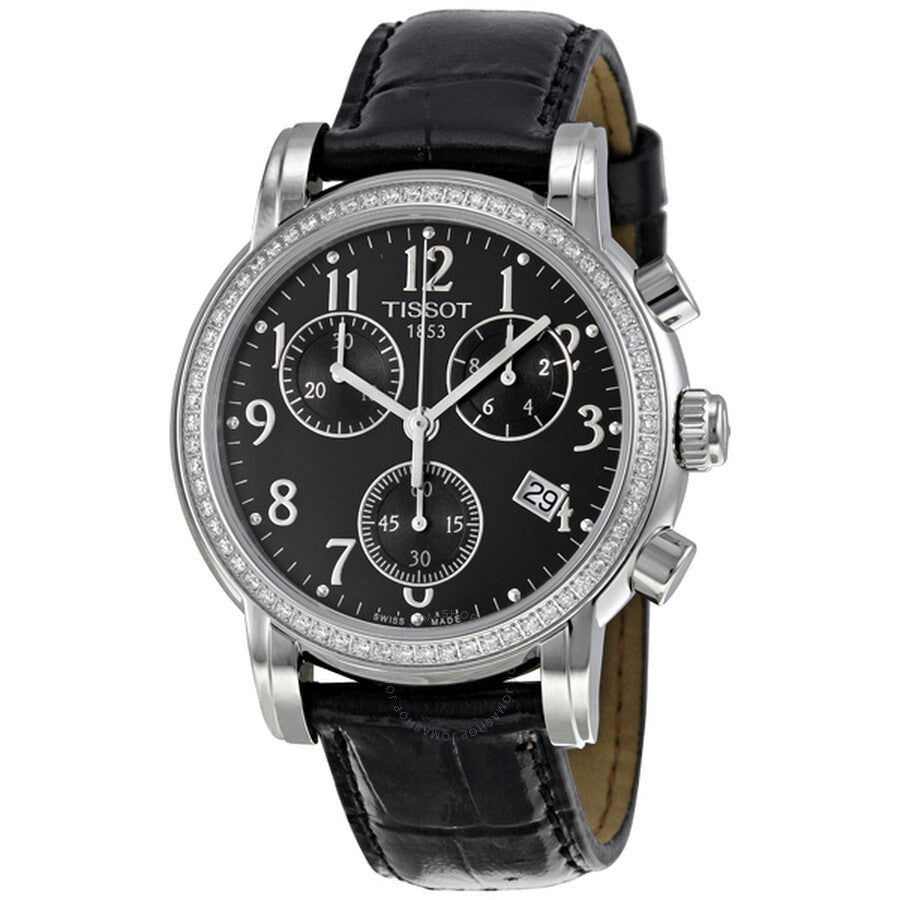 Tissot Dressport chronograph ladies watch with black dial, diamond bezel, and black leather strap