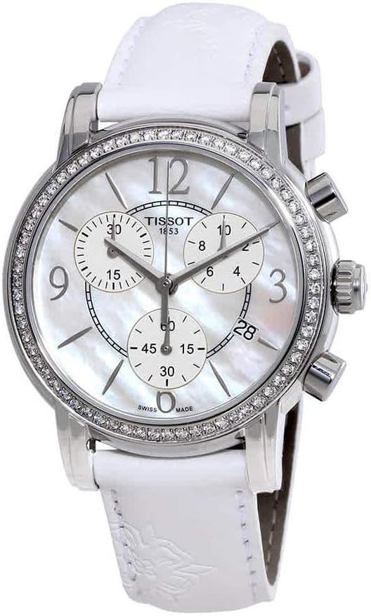 Tissot Dressport three-quarter view showing diamond-set bezel and white leather strap
