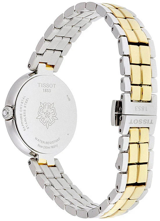 Tissot Flamingo caseback showing water resistance and Tissot branding on two-tone strap