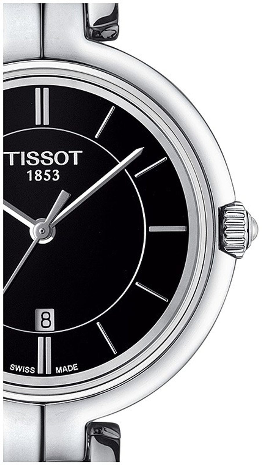 Tissot Flamingo dial detail with black face, applied indices, and date window