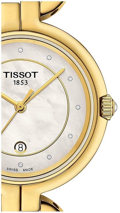 Close-up detail of Tissot Flamingo dial with mother of pearl and diamond hour markers
