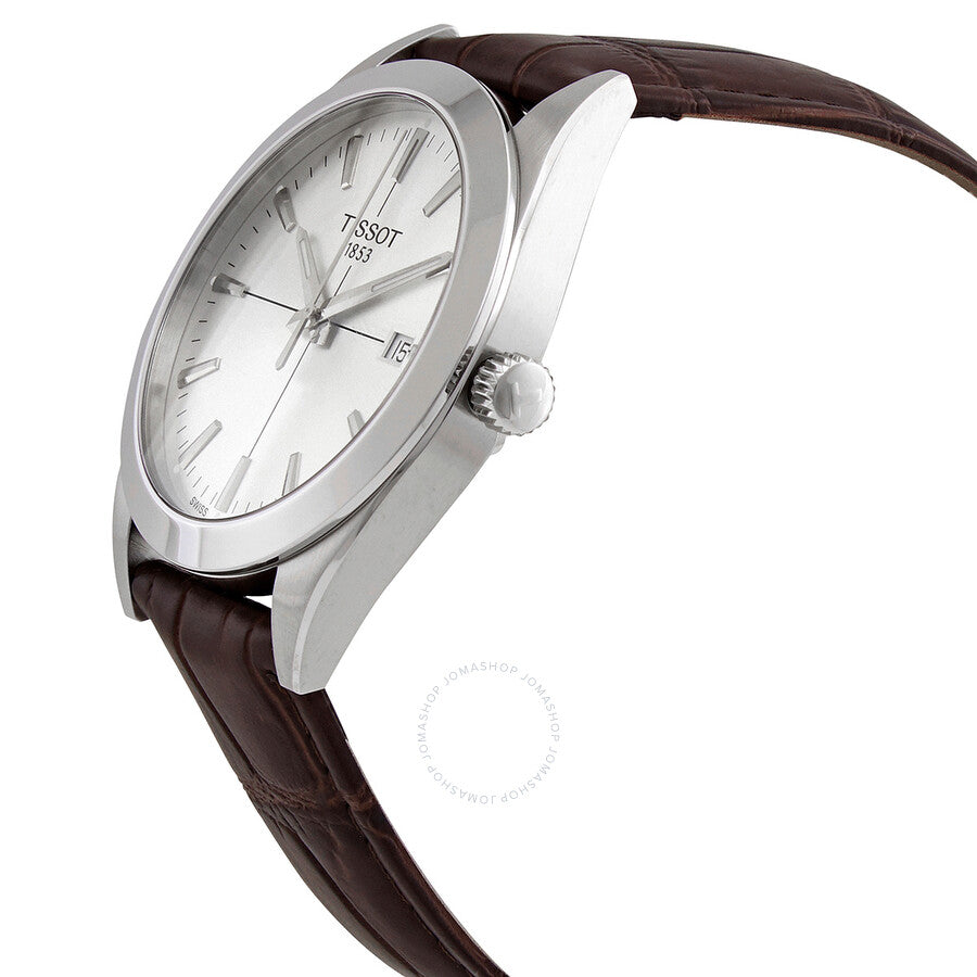 Tissot Gentleman watch side view showing stainless steel case and brown leather strap