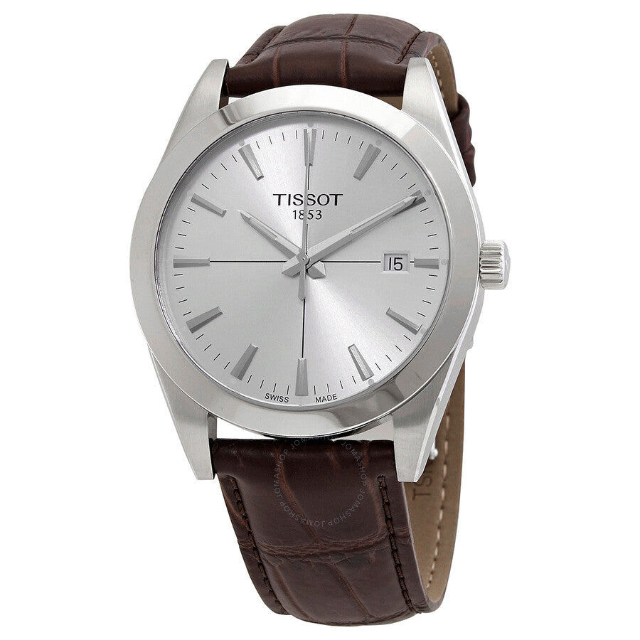 Tissot Gentleman quartz men's watch with silver dial and brown leather strap