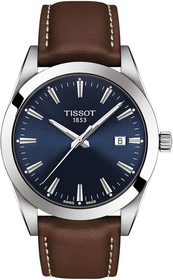 Tissot Gentleman quartz watch with blue dial, silver case, and brown leather strap