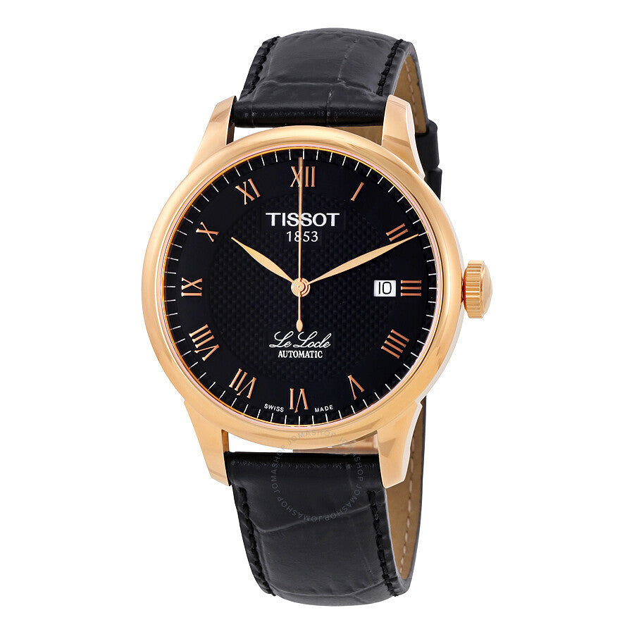 Tissot Le Locle automatic men's watch with rose gold case, black dial with Roman numerals, and black leather strap