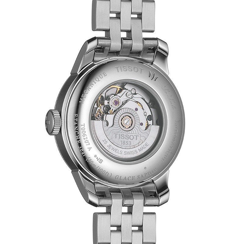 Caseback of Tissot Le Locle Automatic watch showing transparent display with automatic movement