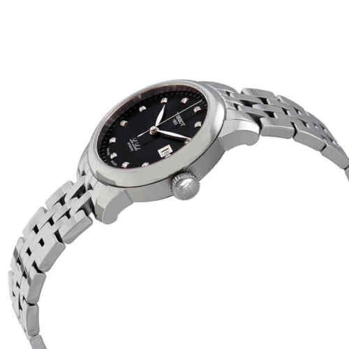 Tissot Le Locle Automatic women's watch worn on wrist, showing black dial and silver steel bracelet