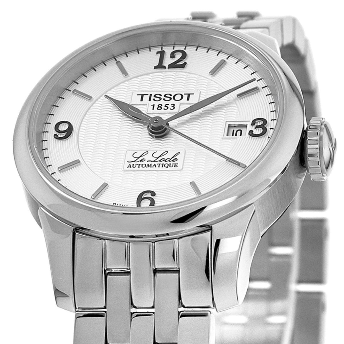 Tissot Le Locle Small Lady dial detail with Arabic numerals, date window, and 'La Locle Automatique' text