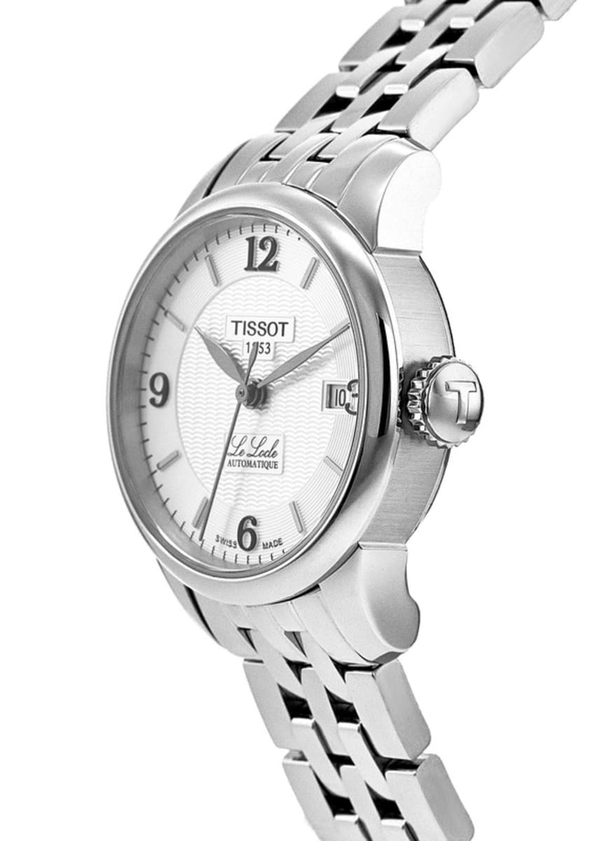 Tissot Le Locle Small Lady side profile showing case thickness and steel bracelet segments