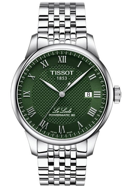 Tissot Le Locle Powermatic 80 green dial watch front view with Roman numerals