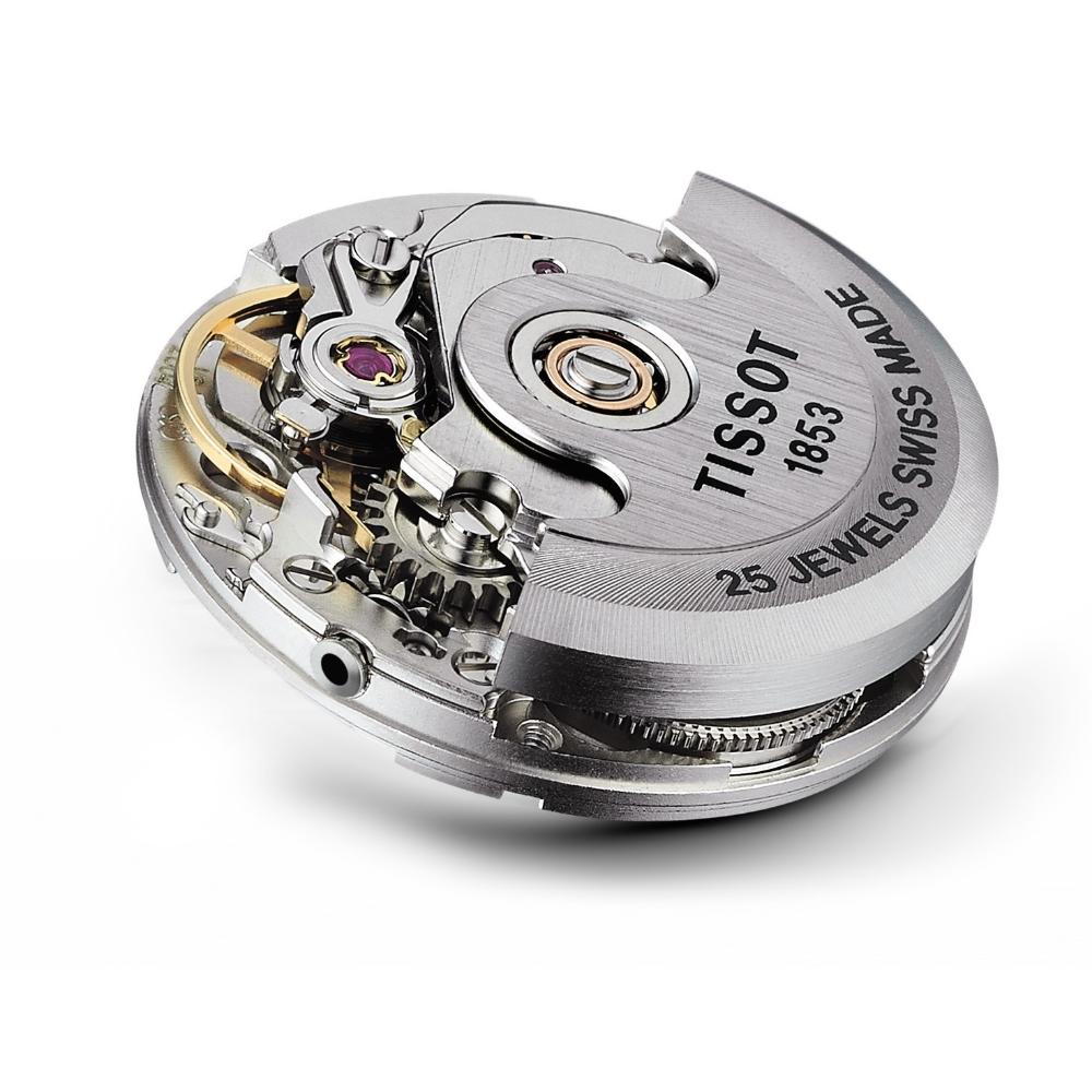 Tissot automatic movement visible through caseback showing Swiss-made caliber mechanism