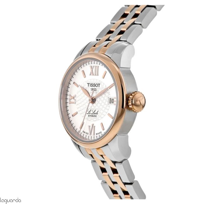 Tissot Le Locle women's watch side profile with two-tone bracelet and rose gold crown