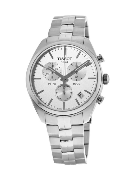Tissot PR 100 chronograph watch angled view showing white dial and steel band