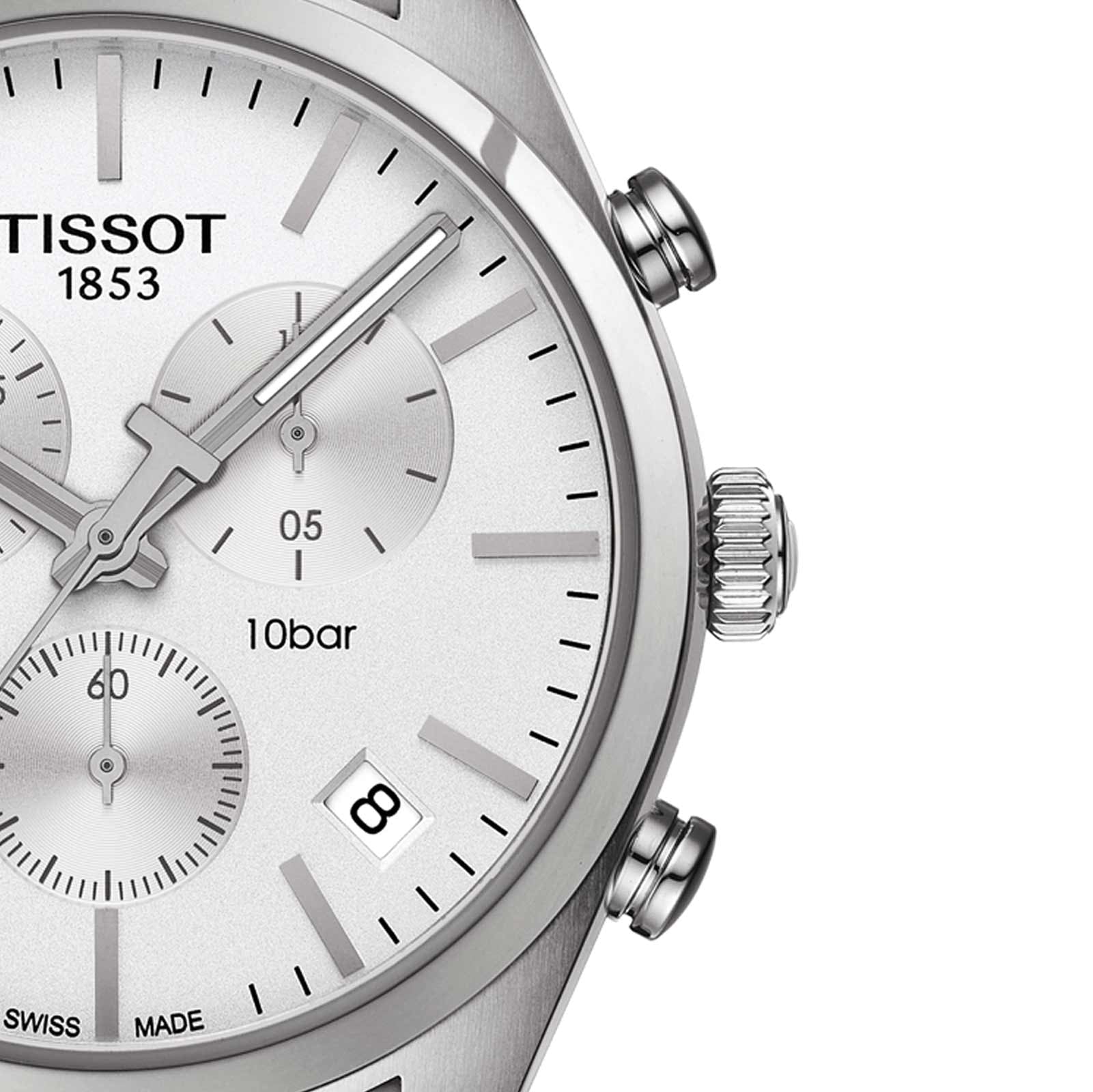 Close-up of Tissot PR 100 white dial showing chronograph subdials and 10bar rating