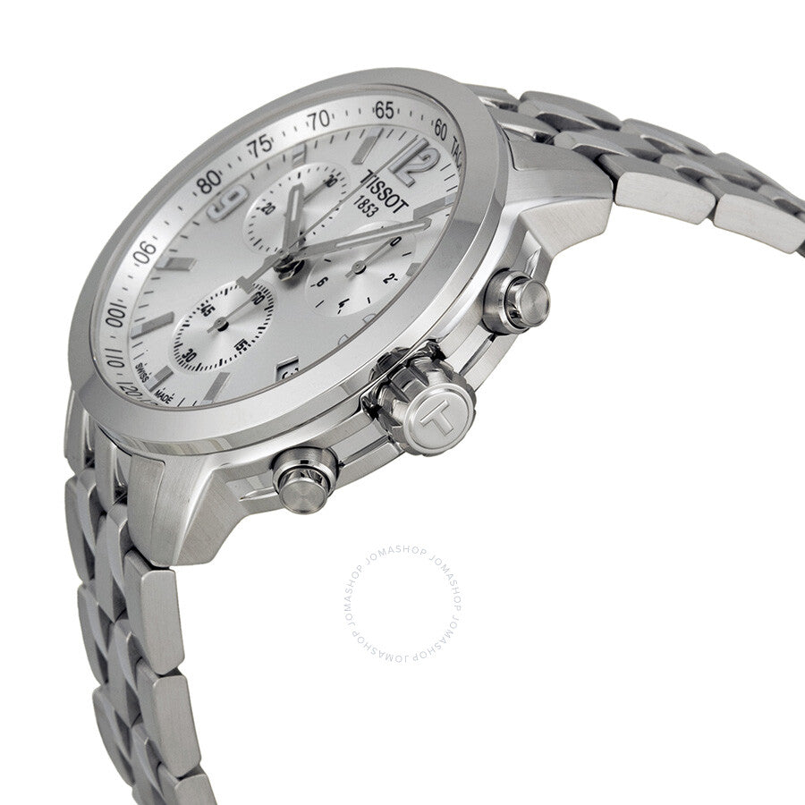 Tissot PRC 200 chronograph side profile showing stainless steel case and pushers